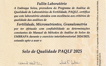 imagem EMBRAPA CERTIFICADO DE QUALIDADE 2025 - FERTILIDADE, MICRONUTRIENTES E GRANULOMETRIA (SOLO)
