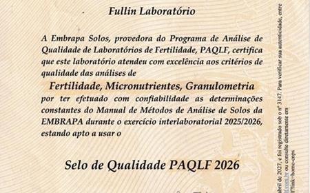 imagem EMBRAPA CERTIFICADO DE QUALIDADE 2026 - FERTILIDADE, MICRONUTRIENTES E GRANULOMETRIA (SOLO)